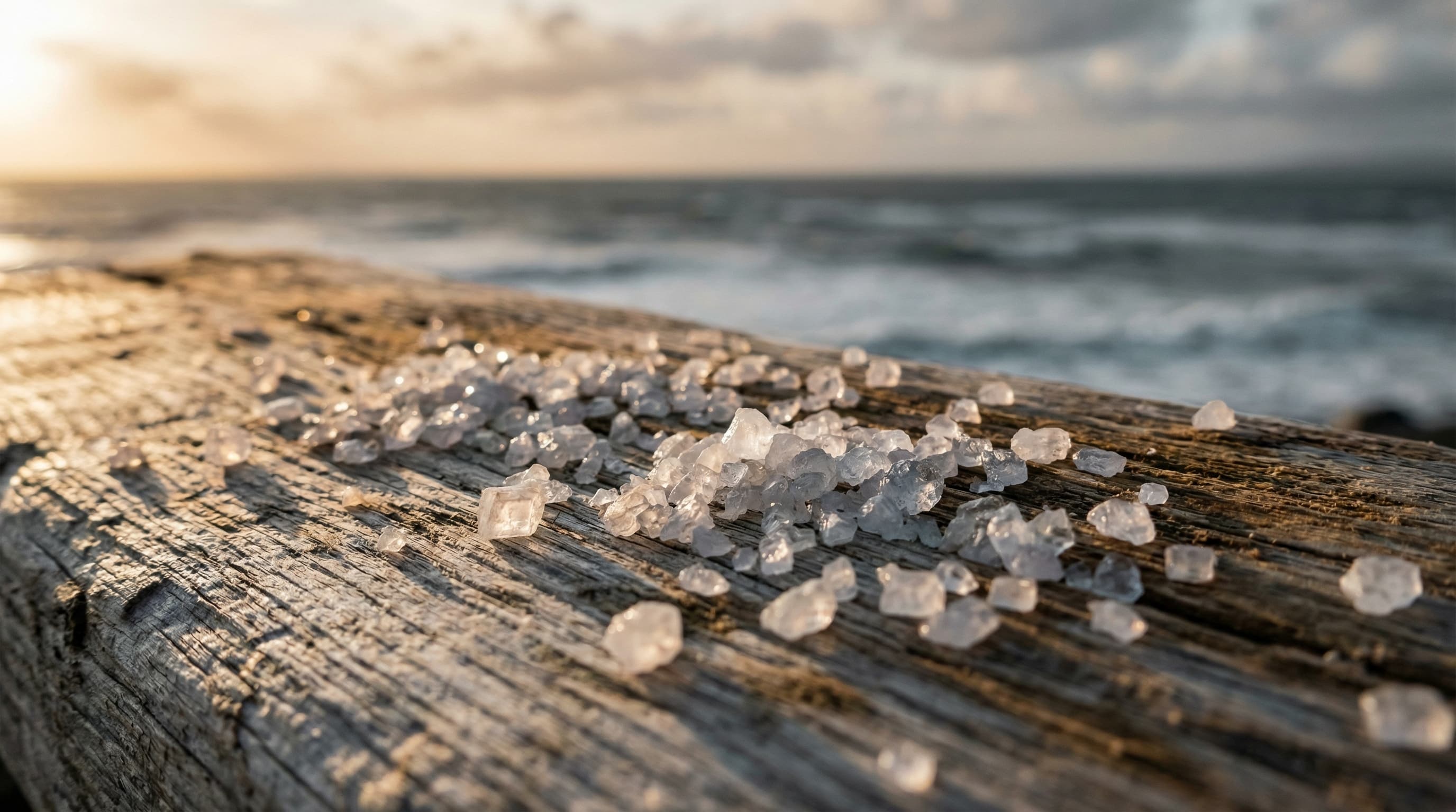 Atlantic sea salt crystals glistening on weathered driftwood with the Irish coast in the background