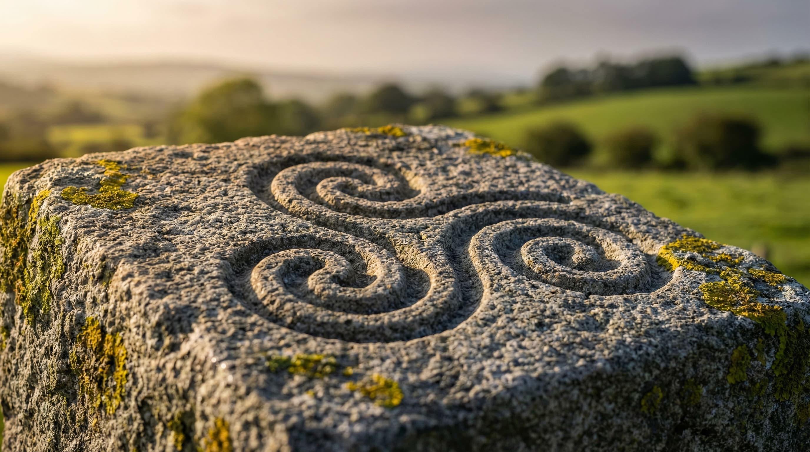 Ancient carved triskelion triple spiral on weathered stone in the Irish countryside